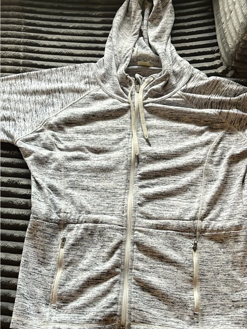 Athleta Gray Marled Hooded Zip-Front Bomber Jacket
